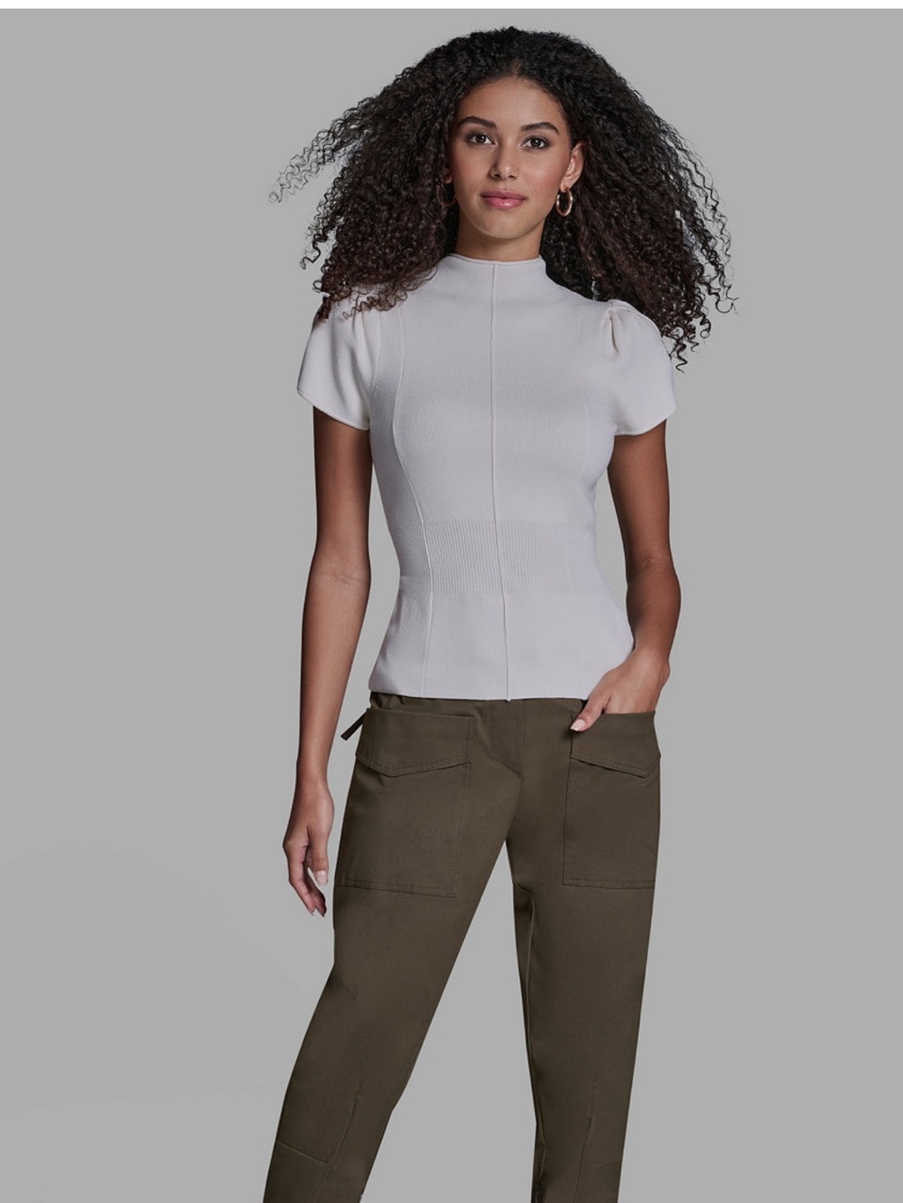 BCBG Cream Tip-Sleeve Cinch-Waist Pull-On top